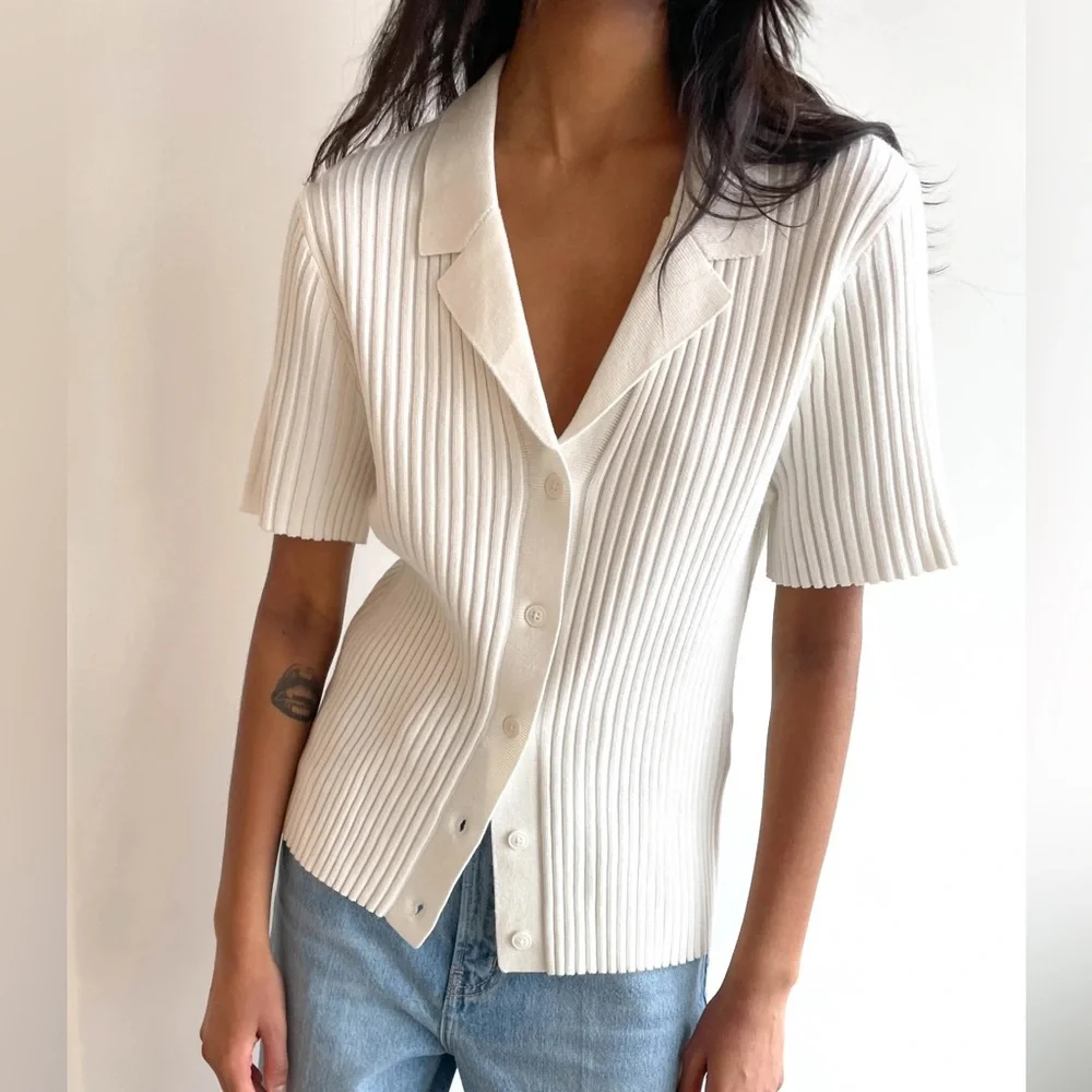 OAK + FORT Cream Ribbed Button-Down Shirt - Picture 2 of 7